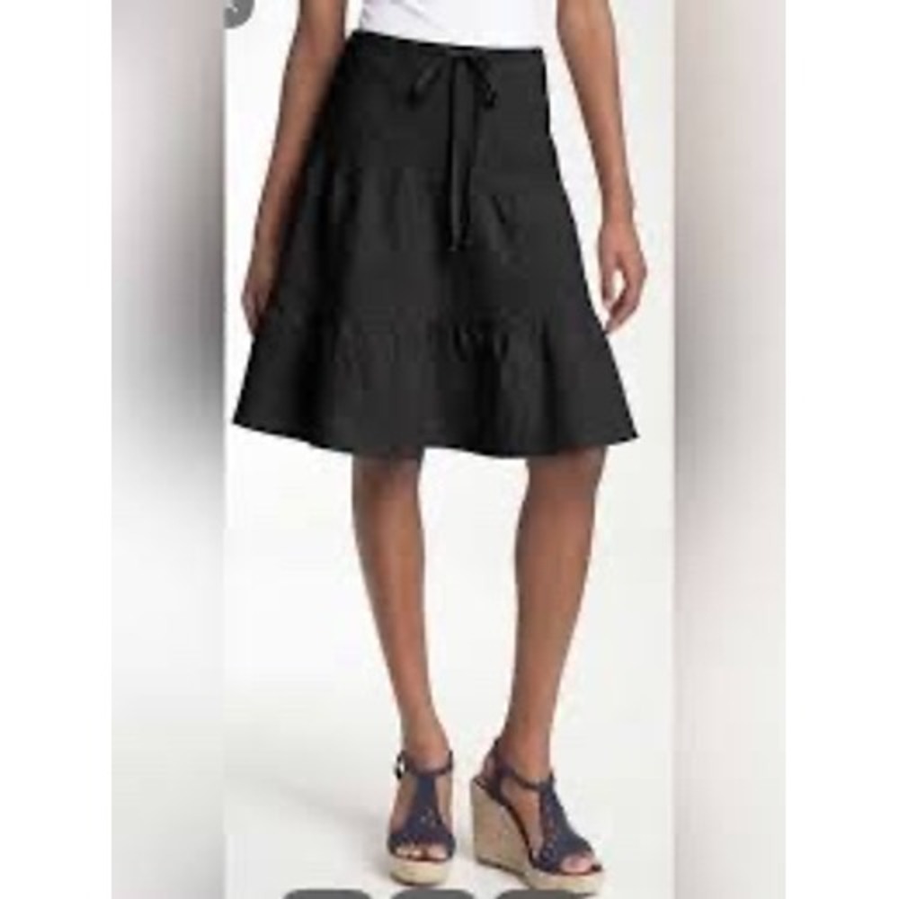 Allen Allen Black 100% Linen Tiered Midi Skirt Large Drawstring Boho hl2000b-n